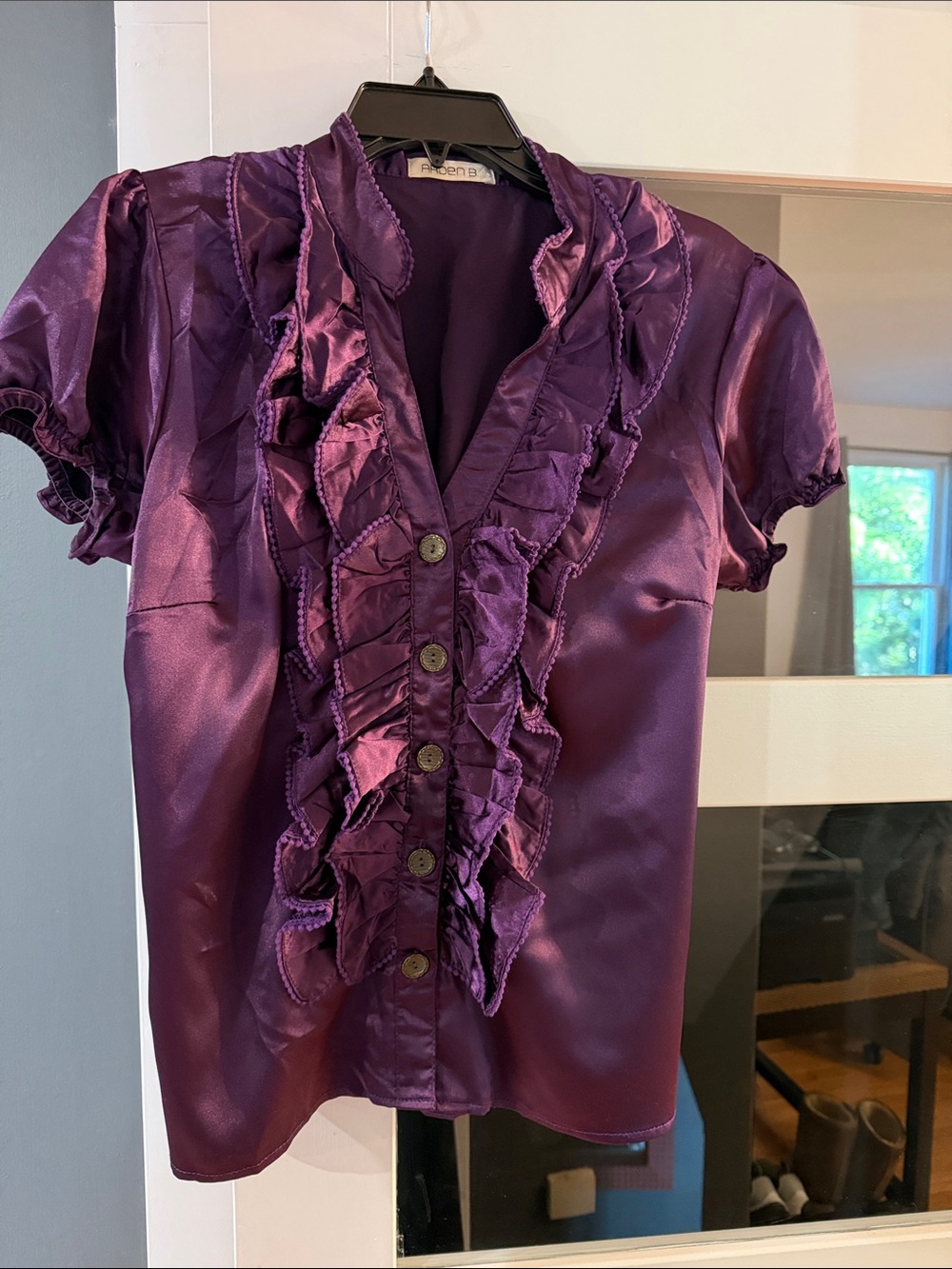 Arden B Purple Satin Shirred Back Blouse